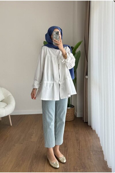 RFK Butik Women's Drawstring Front Tie Poplin Kimono White