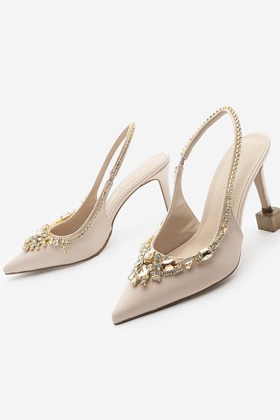 Marjin Women's Stiletto Pointed Toe Stoned Open Back Heeled Shoes Sakne Beige Satin