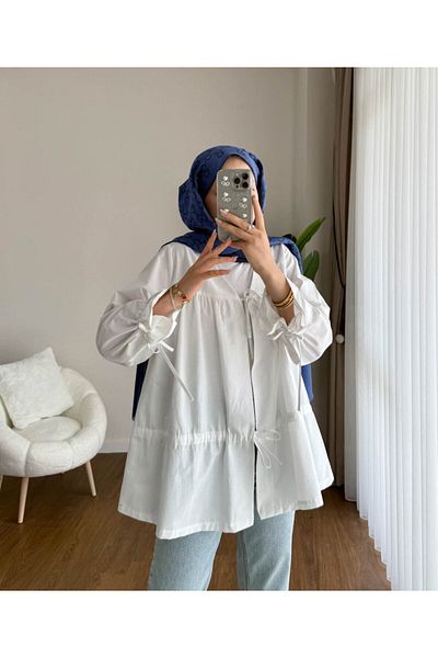 RFK Butik Women's Drawstring Front Tie Poplin Kimono White