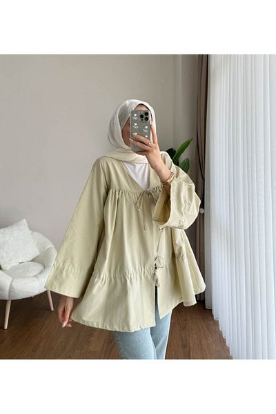 RFK Butik Women's Drawstring Front Tie Poplin Kimono Light Green