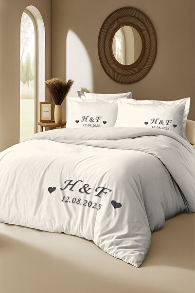 MonoHome KİŞİYE ÖZEL %100 Pamuk Nevresim Takımı – Özel Baş Harflı & Evlilik T...