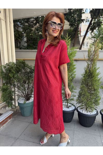 DenizEge Embroidered Button Dress Red