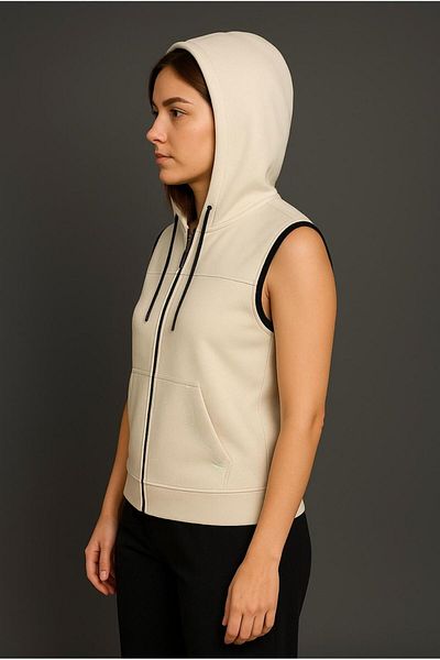 AXXEL Women's Cream Zippered Hooded Kangaroo Pocket Sleeveless Vest-Y1142-K