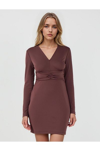 Jimmy Key Brown V Neck Long Sleeve Mini Dress with Gathered Waist Detail
