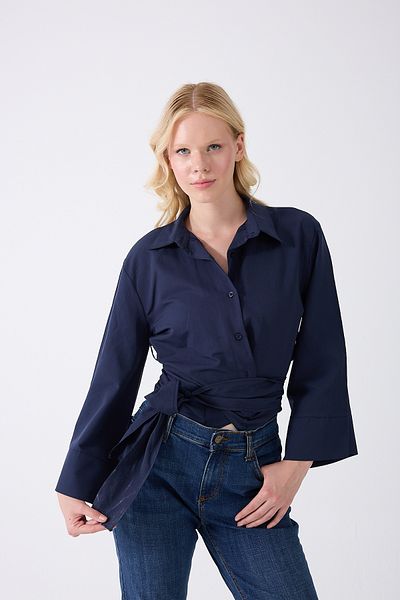Fumel Women's Navy Blue Spanish Sleeve Tie Waist Belted Shirt