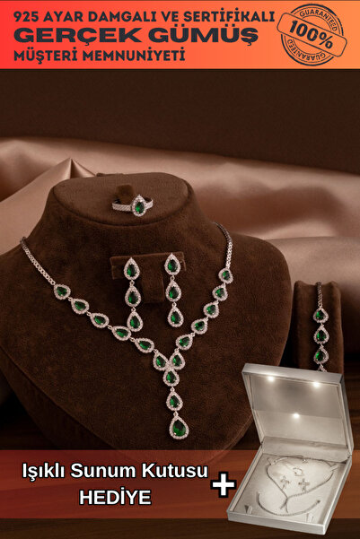 OSMANLI GÜMÜŞ Kadın Gümüş Takı Seti - Sera Zümrüt Damla Taşlı 925 Ayar Kolye ...