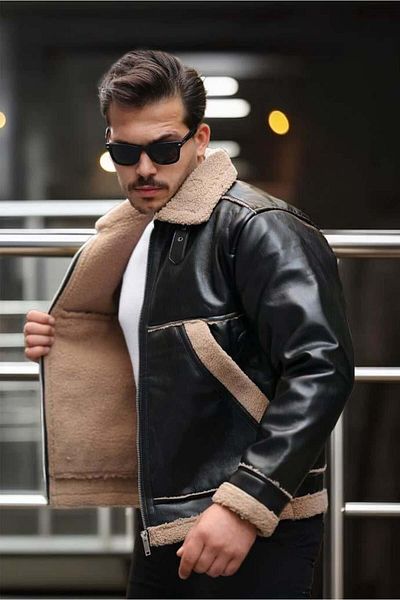 Valiberta Vintage Fur Detailed Men's Leather Jacket / Coat - Black