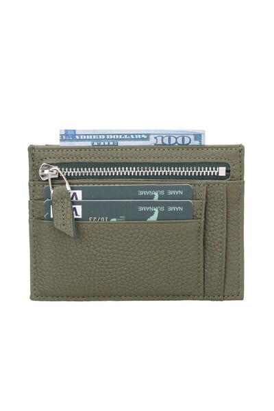 PLM Leather Card Holder, Coin Compartment, 6 Card Compartments, Khaki Green