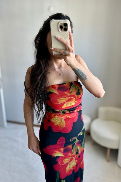 MoyStore Black Rose Pattern Strapless Midi Dress