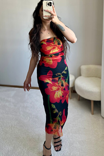 MoyStore Black Rose Pattern Strapless Midi Dress