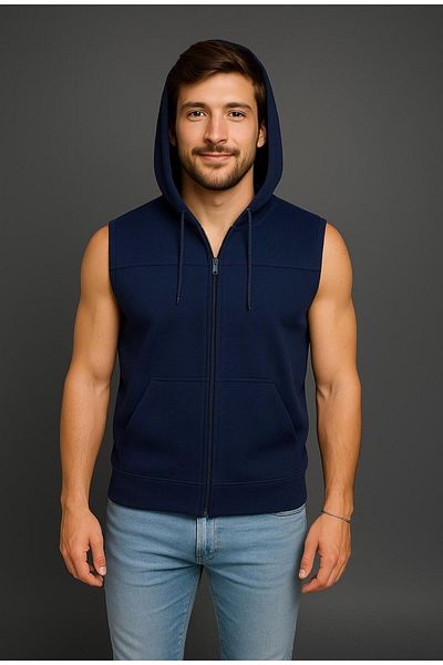 AXXEL Men's Navy Blue Zippered Hooded Kangaroo Pocket Sleeveless Vest-Y1142