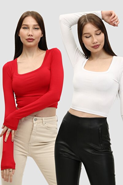 LAENT Kadın Beyaz Kırmızı Kare Yaka 2'li Crop Body