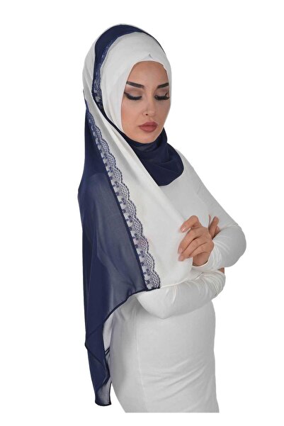 Ayşe Tasarım Practical Chiffon Shawl, Ps-23, Cream - Navy Blue