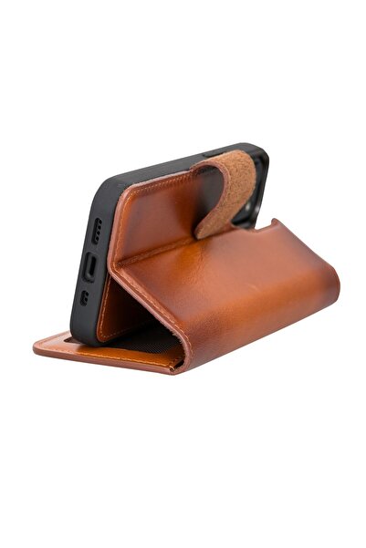 PLM Apple iPhone 13 Mini Uyumlu Deri Cüzdanlı Kılıf RST2EF Taba