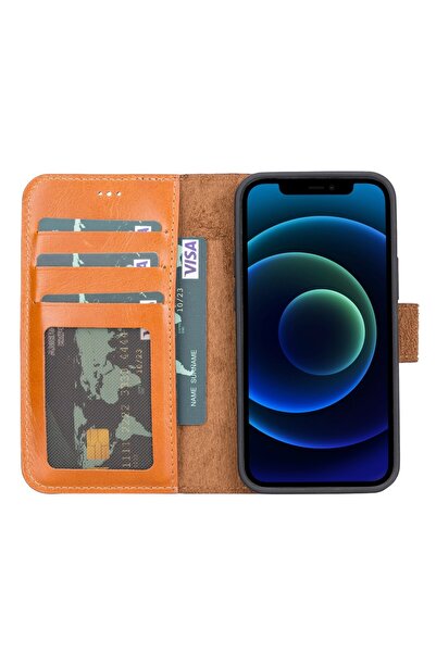 PLM Apple iPhone 13 Mini Uyumlu Deri Cüzdanlı Kılıf RST2EF Taba