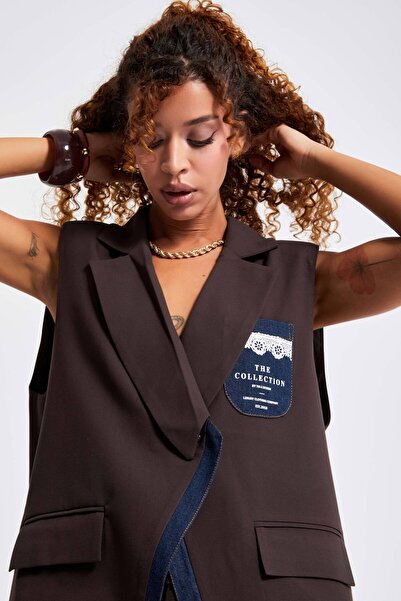 its basic Γυναικείο καφέ τζιν μακρύ γιλέκο ειδικής σχεδίασης με επένδυση εσωτερικά