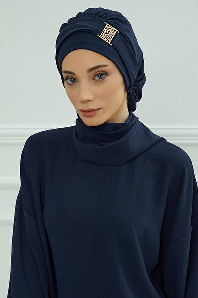 Aisha's Design Aerobin Fabric Ready-Made Turban with Gold Accessories, Ht-11A, Navy Blue