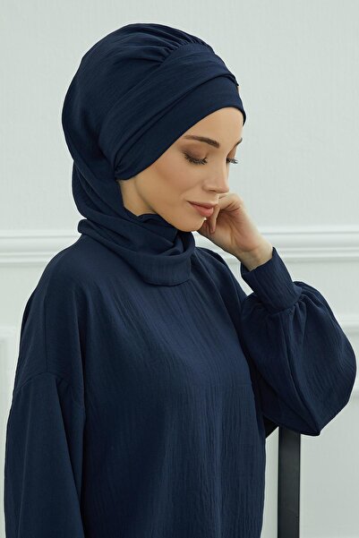 Aisha's Design Aerobin Fabric Ready-Made Turban with Gold Accessories, Ht-11A, Navy Blue