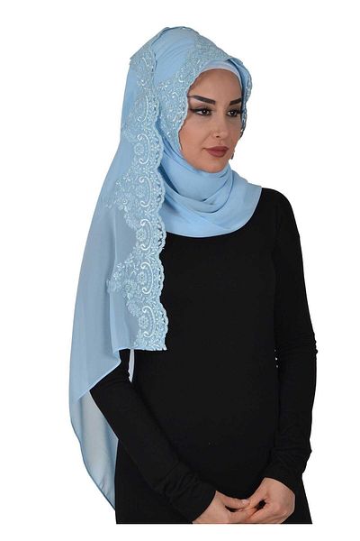 Ayşe Tasarım Special Design Front Lace Embroidered Practical Chiffon Shawl,Ps-25