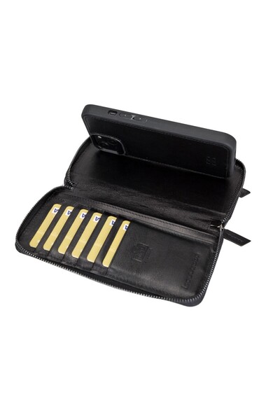 Bouletta Iphone 13 Uyumlu  Deri Fermuarlı Cüzdan Kılıf Magsafe Rfıd Rst1 Siyah