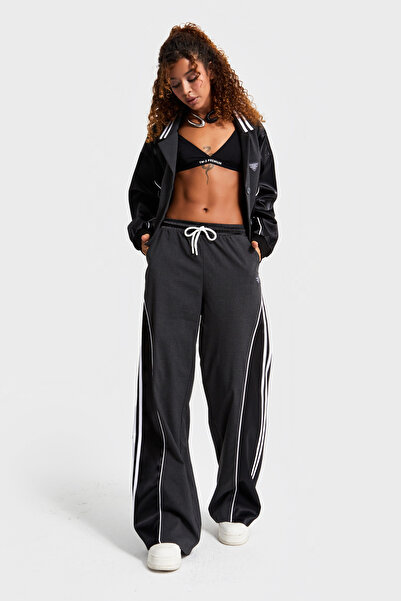 its basic Pantaloni de damă de culoare antracit din țesătură fragmentată cu detaliu de dungi cu design special