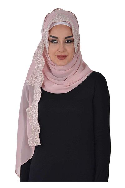 Ayşe Tasarım Special Design Front Lace Embroidered Practical Chiffon Shawl,Ps-25