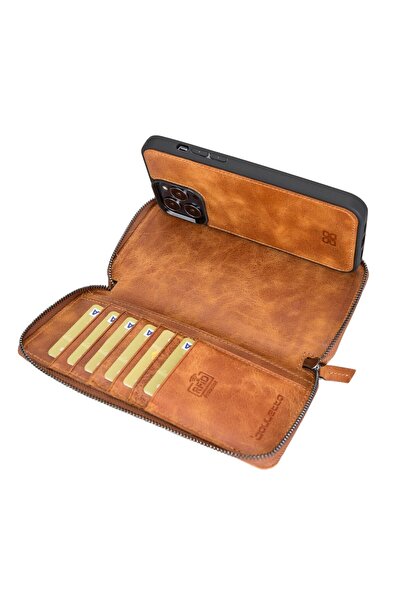 Bouletta Iphone 13 Pro Max Uyumlu Deri Fermuarlı Cüzdan Kılıf Tn11 Taba