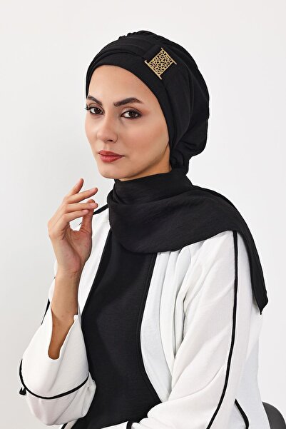 Aisha's Design Aerobin Fabric Ready-Made Turban with Gold Accessories, Ht-11A, Black