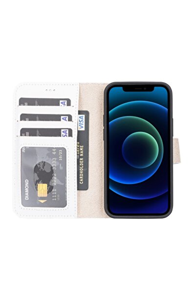 PLM Apple iPhone 13 Mini Uyumlu Deri Cüzdanlı Kılıf F3 Beyaz