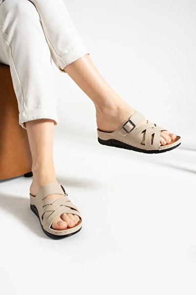 Budaks Women's Slippers Cream Wedge Heel Daily Slippers Comfortable Lightweight Stylish Young Mother Slippers
