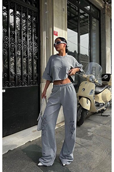 voilaromania Set trening dama, 100% bumbac, pantaloni largi cu talie inalta s...