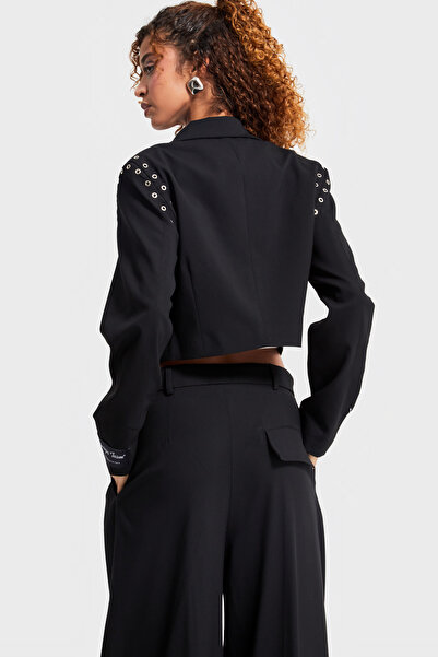 its basic Жіночий чорний колір з деталями у вигляді пташиного ока, кроп-фасон, спеціальний дизайн, тканинний піджак