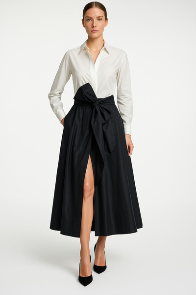 UNTIMELY فستان قميص من الساتان الأمريكي - مقاس متوسط من قماش التفتا مع تنورة ...