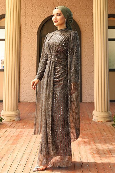 Olcay Sukienka wieczorowa z wiązaniem z przodu, peleryna, cekinowa, hidżab COFFEE 1027