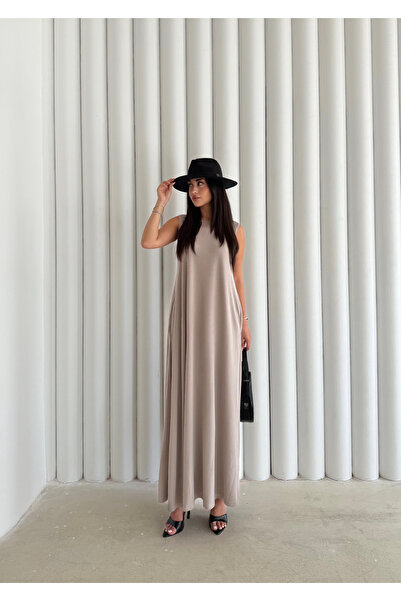Butik Modal Kumaş Oversize Kesim Kolsuz Maxi Elbise