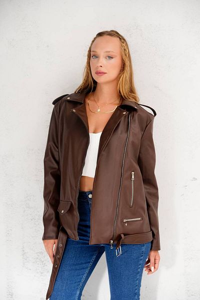 İLKCET MODA Women's Long Bitter Brown Oversize Faux Leather Jacket