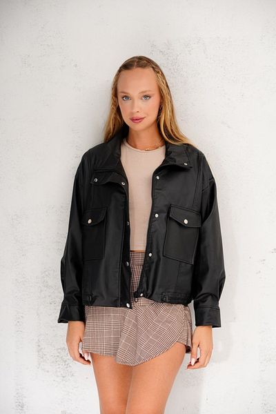 İLKCET MODA Black Faux Leather Women's Zipper Jacket with Oversize Pockets
