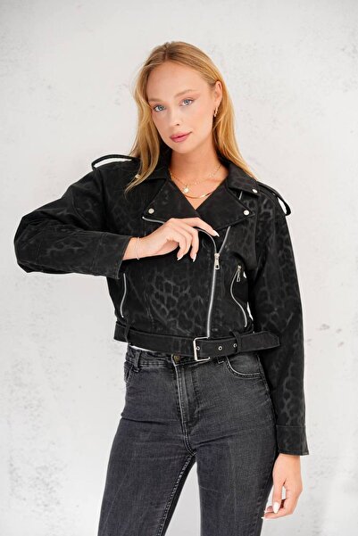 İLKCET MODA Жіночий короткий піджак з чорним поясом і леопардовим принтом