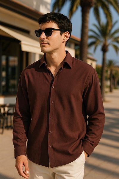 beuivo Men's Brown Oversize Textured Aerobin Linen Shirt