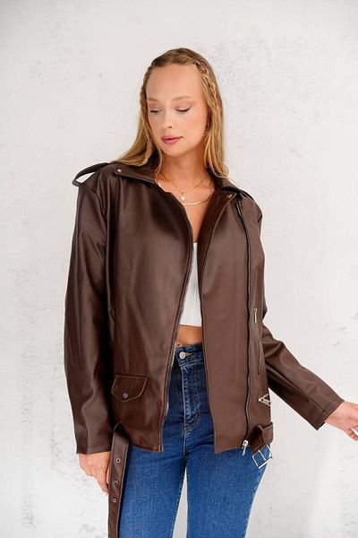 İLKCET MODA Women's Long Bitter Brown Oversize Faux Leather Jacket