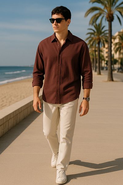 beuivo Men's Brown Oversize Textured Aerobin Linen Shirt