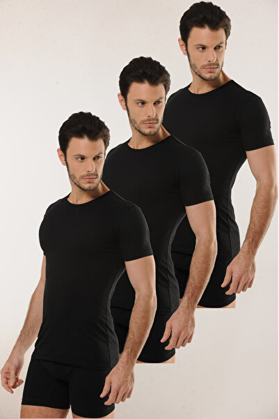 MODA Ανδρικό μπλουζάκι 3 τεμαχίων από μαύρο βαμβακερό ελαστικό μπλουζάκι άνετ...
