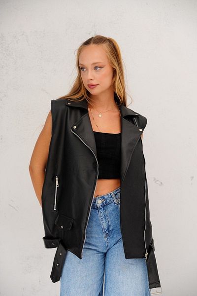 İLKCET MODA Women's Oversize Faux Leather Sleeveless Vest