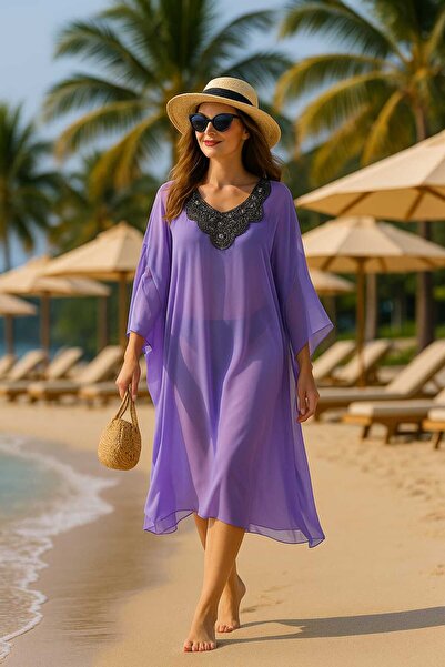 FAZZA FABRİKA Lila Yaka Detay Plaj Elbisesi