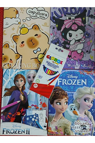 ada çanta kırtasiye 4 adet stickerli boyama kitabı ve 12 li kuru boya kalemi (Kuromi/capybara/frozen/elsa)