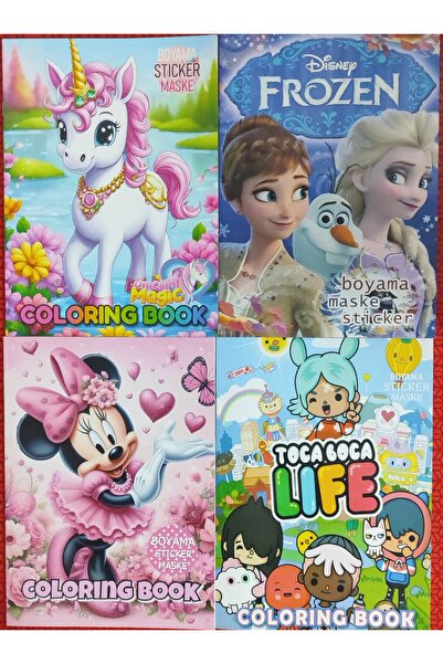 bundle island 4 adet stickerli boyama kitabı (toca boca,elsa,minnie,unicorn figürlü)