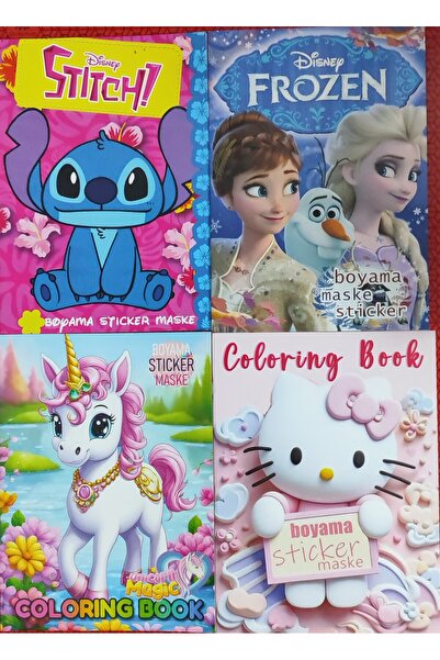 bundle island 4 adet stickerli boyama kitabı (unicorn,elsa',stitch,hello kitt...
