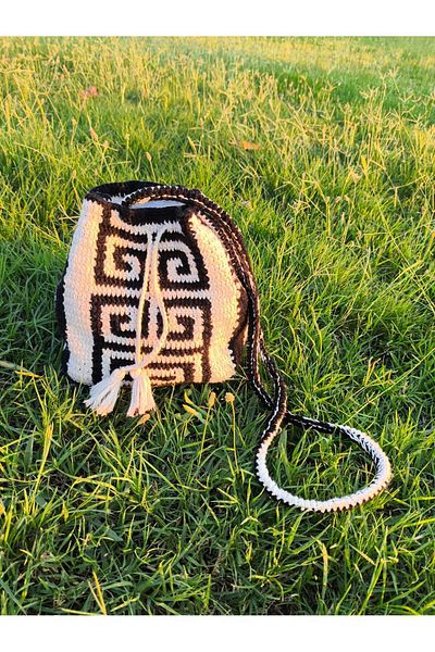 Momsada Ethnic Patterned Lined Drawstring Bag / Hand Knitted