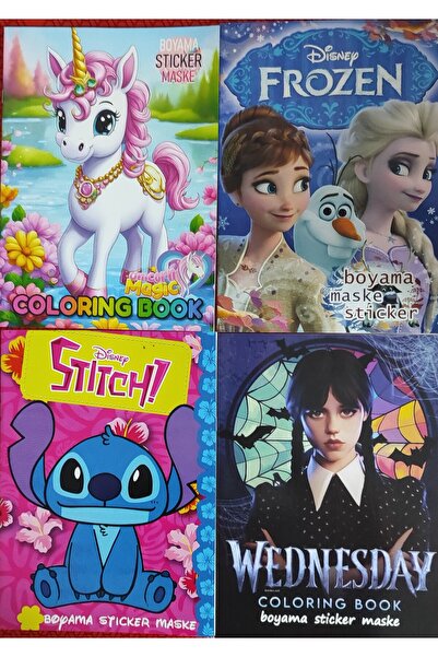 bundle island 4 adet stickerli boyama kitabı (stitch,elsa,wednesday,unicorn f...
