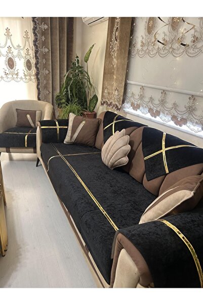 Tekstilsa Yeni Moda Lüks Kadife Süngelri Koltuk Çekyat Örtüsü (12PARÇE TAKIM 3,3,1,1) Siyah Rengi